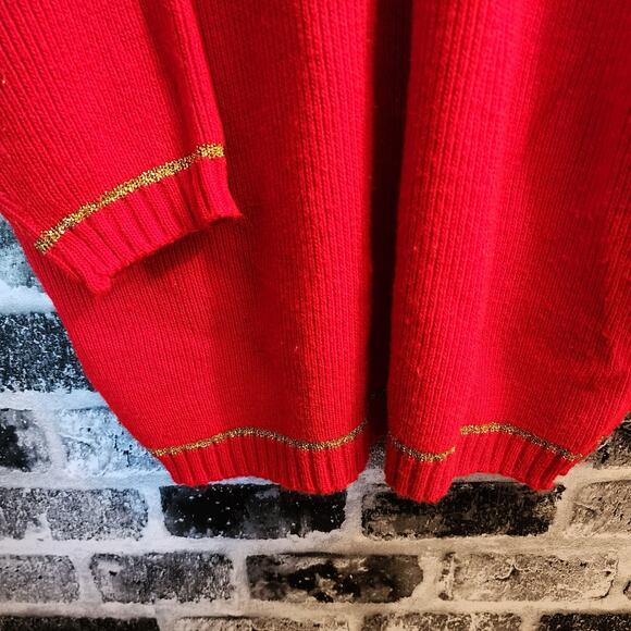 Vintage Red Holiday Christmas Tunic Ribbed Sweater Oversized gold trim One Size - Picture 4 of 4